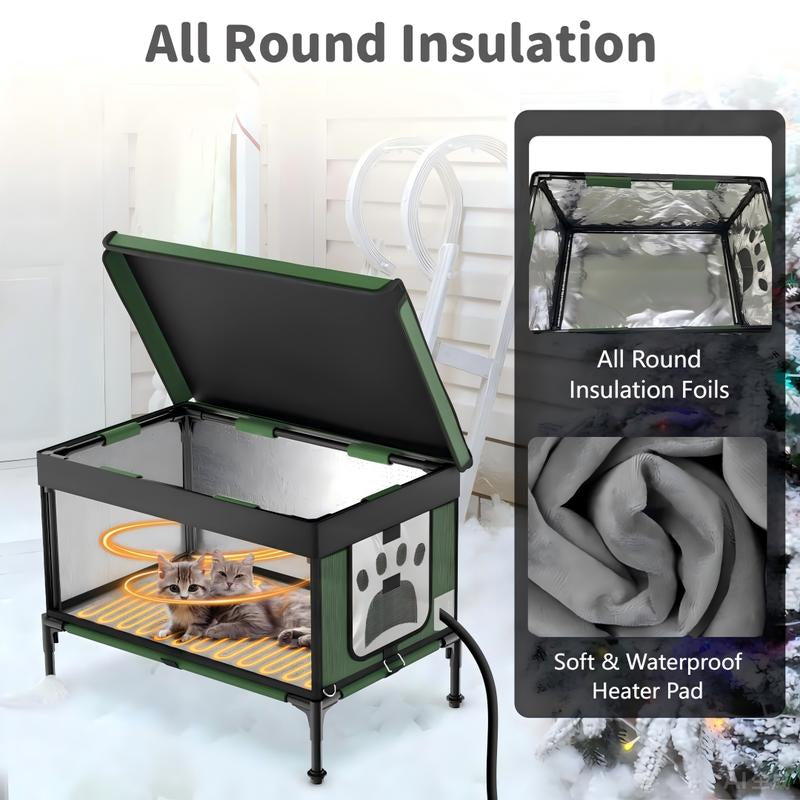 CAWRMT New Upgraded Winter Outdoor Heated Cat House, Detachable, High Leg Design, Insulated Outdoor Cat House Weatherproof with Pet Heating Pad, Suitable for Outdoor Feral Cats and Kittens Shelter